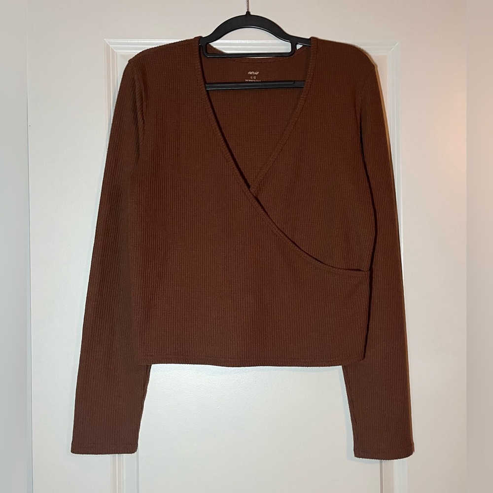 SOLD Aerie Matching Set | Waffle Knit Wrap Front Top & Joggers in Brown - Picture 3 of 9